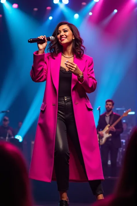 Woman singing at the show with a bright pink overcoat