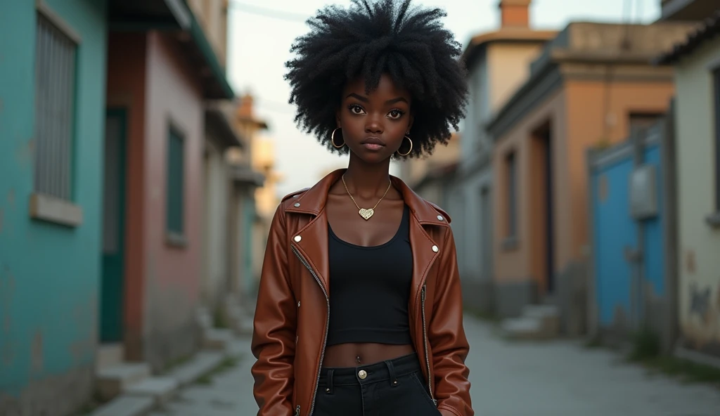 {
  "prompt": "A shy female character with very dark skin and tight afro curls. She has heterochromatic eyes: one amber (right) and one blue-green (left). The character is slim and wears casual clothing, including black cargo pants, a black tank top, a cop...