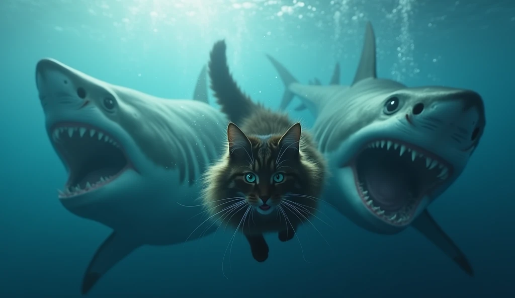 a long haired dark brown tabby Maine Coon cat underwater swimming to escape 2 giant Megalodons with open mouth approaching from behind, detailed realistic 4k, photorealistic, highly detailed, intricate details, masterpiece, ultra-detailed, cinematic lighti...