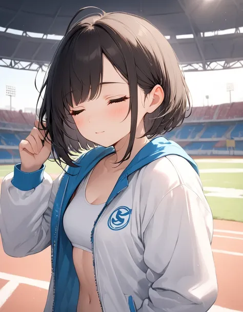 （​masterpiece， top quality），( s)，(Good for sports， long white stadium jacket with only half open)，( dark-haired，Medium Bob)， Embarrassing ， sleepy look after intercourse，Delicate body， petcha pie， small boobs