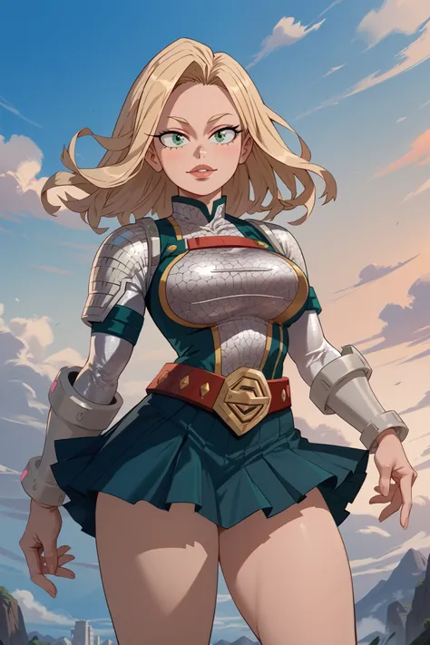 a woman, blonde hair, green eyes, front view, high definition, pretty face, silver ancient skinsuit armor, dark skirt, sky in the background, my hero academia style HD, 4K