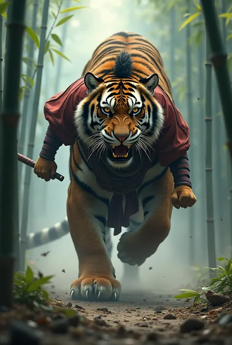 Japanese Samurai with a Giant Tiger Charging Forward
A samurai with fiery determination advances swiftly, his enormous tiger growling and leaping ahead. Each of the tiger’s steps shakes the earth, and its sharp claws tear through the misty bamboo forest, l...