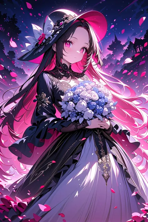 1 girl,,face not visible, black gothic dress ,Black hat,White bouquet ,(holding White bouquet ),standing,forehead,( black petals flying in profusion),Petal rain , Lots of petals , countless petals , petals floating in the air ,Art Deco, Color field paintin...