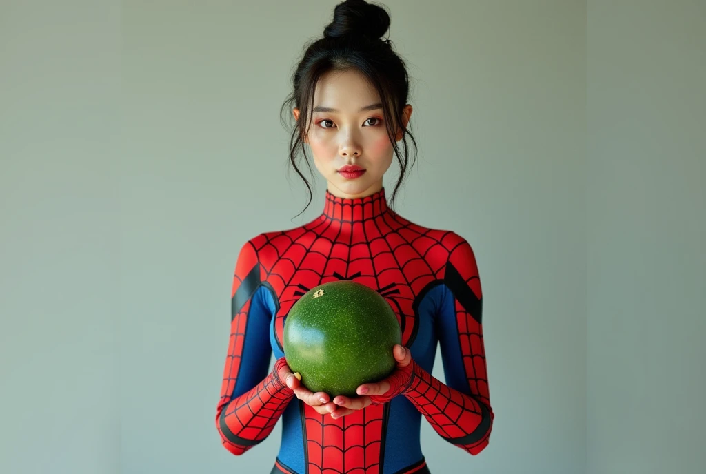 asian beauty wear spiderman costume holding large cucumber