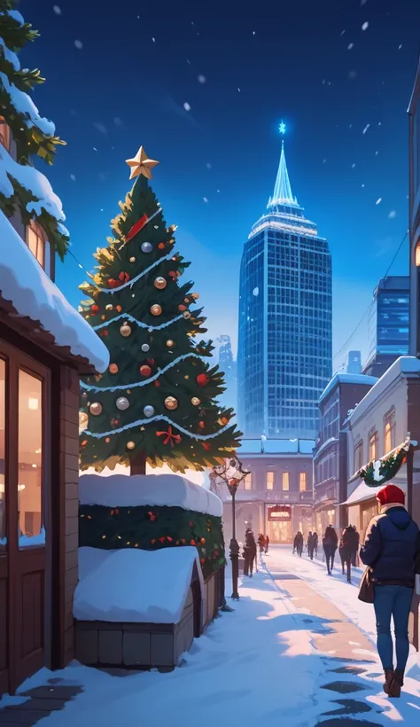 night　snow　 christmas tree　 English cityscape with Christmas decorations　 no people