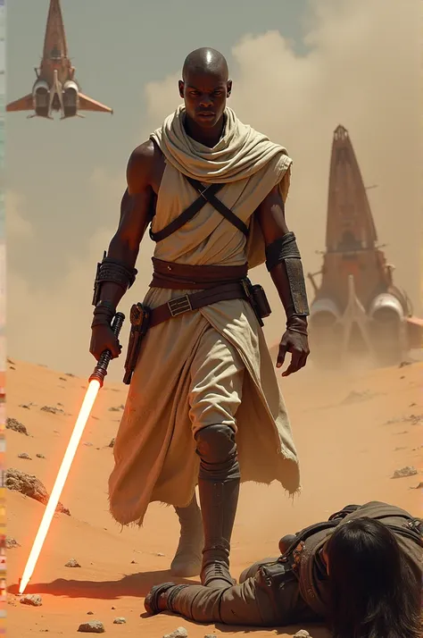  Jide with a lightsabre in his fist after a fight with several burns on his body and an opponent fallen by his side. hyper we perform in the scene that takes place in a desert .With ships in wreckage .