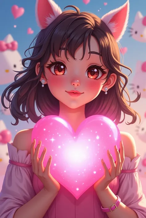 Create an image that says Angelica Light with hello Kitty in the background with an animated pink heart in her hands