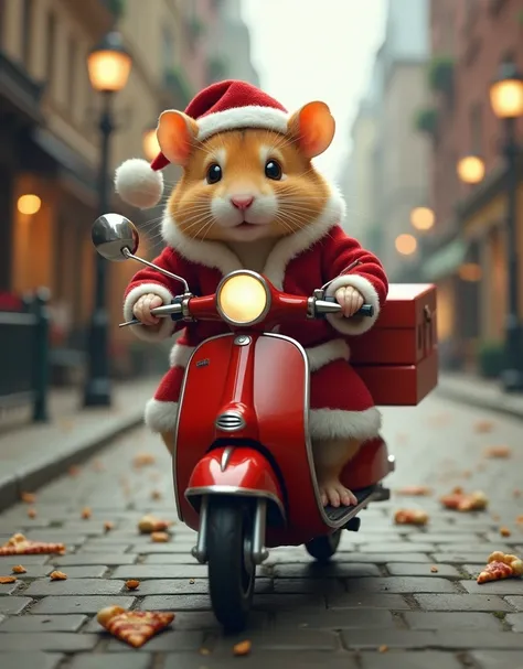 masterpiece, best quality, Photorealistic, realistic, photograph, Hamster in Santa costume delivering pizza on scooter