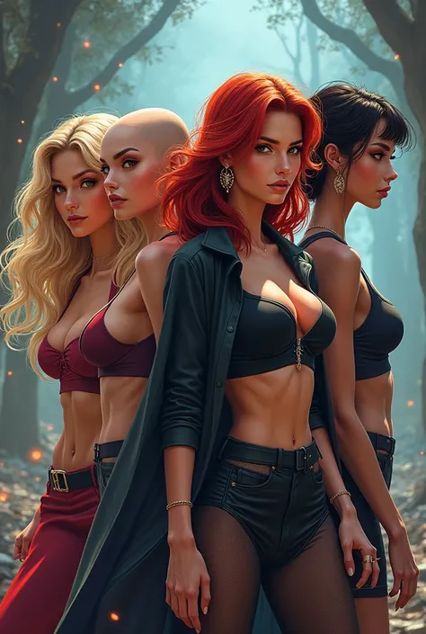 Picture of 4 fashion  ,  fitness witches 
A blonde 
Another bald and brunette ,  another light brunette with red-haired hair 
The other , ojos grandes, flat nose  ,  wavy hair  