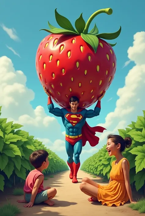 "A playful and surreal outdoor scene showing a superhero character in a blue and red costume carrying an oversized strawberry on his back. In the foreground, a young  sits on the ground looking curious, while a woman in a bright dress laughs happily, sitti...