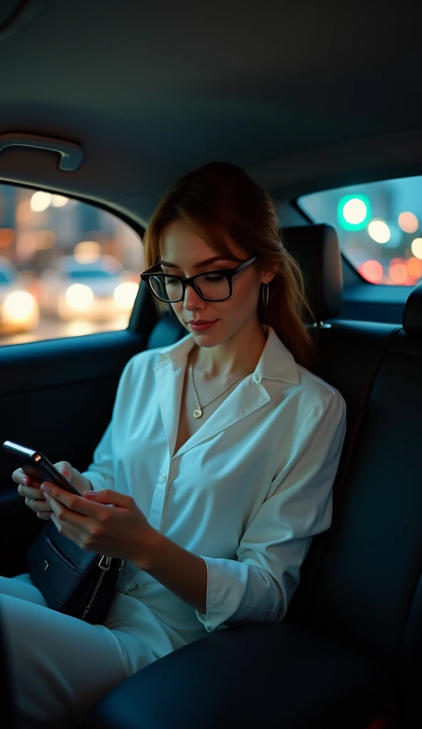  A photorealistic image of a woman , elegant, inside an Uber in the back seat ,  with her head down looking at her cell phone .  She wears a white dress shirt , dark glasses and hold a bag .  The car environment is modern and well lit ,  with soft lights a...