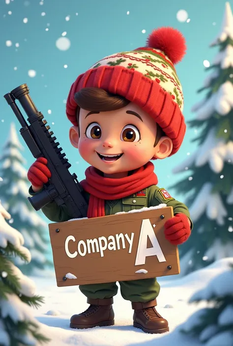 Generate a Christmas-themed image of a soldier with a communications weapon, With animated style,  wearing a Christmas wool hat and holding a sign that says, COMPANY “A” 