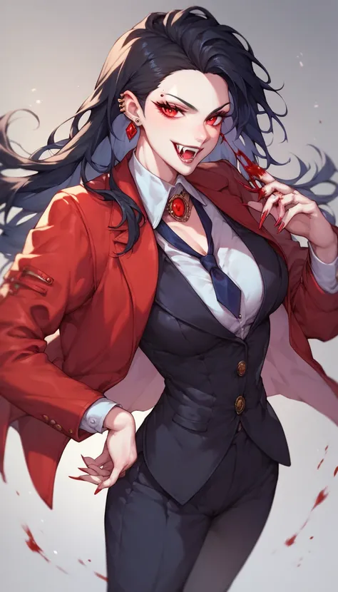 Beautiful woman in a formal suit and tie, masculine suit, raven black hair, long hair, blood red eyes, suit jacket, piercing gaze, dominant, vampire fangs, pale skin, anime, anime woman 