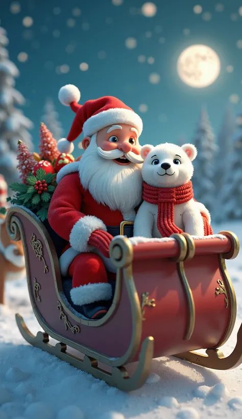 Jolly santa in his sleigh with a polar bear cub wearing a scarf/hat sitting beside him