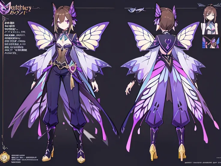 ((butterfly anthropomorphism)) ((anthropomorhism of butterfly)) anime concept art，pretty anime character design，anime character reference sheet，[androgynous character design] [Character design]，1woman in, ((Character information)) (Butterfly character) [fl...