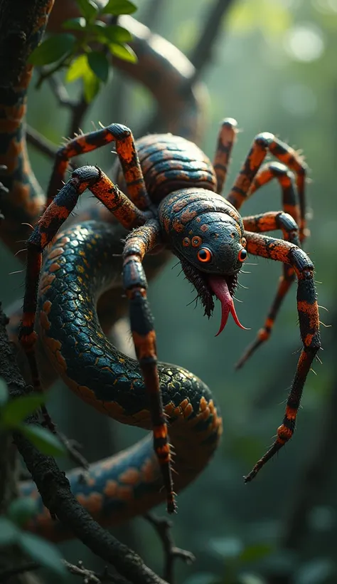 Create an image of a spider and a snake in close proximity