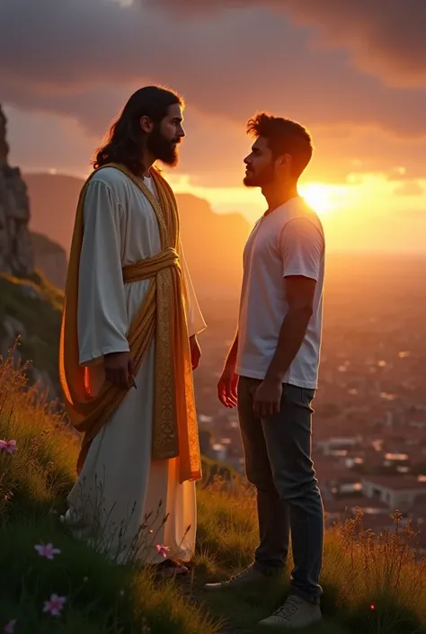 
"Jesus and a modern young man standing together on a grassy hill at the edge of an ancient city at a dark sunset, both gazing at the city. The sky is filled with heavy clouds in purple and gray tones, with orange hues from the setting sun on the horizon. ...