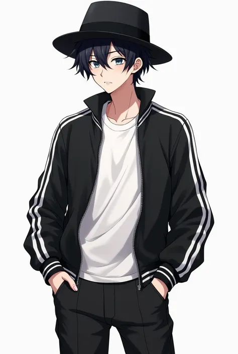 Draw me a male anime character

Wearing a black jacket with white stripes on his arms, wearing a plain white t-shirt, with black chino pants, black hair color, age 15, black eye color, and wearing fedora hat