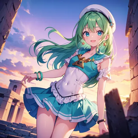 ( Superb Masterpiece Top Quality ),  very detailed bust,  super high resolution , Thin line diagram , break,  1 girl , Alone,  small breasts,  clevis on a stone,  long hair,   light green hair with a hamburger  , Floating Hair,  blue eyes,  big eyes, Droop...