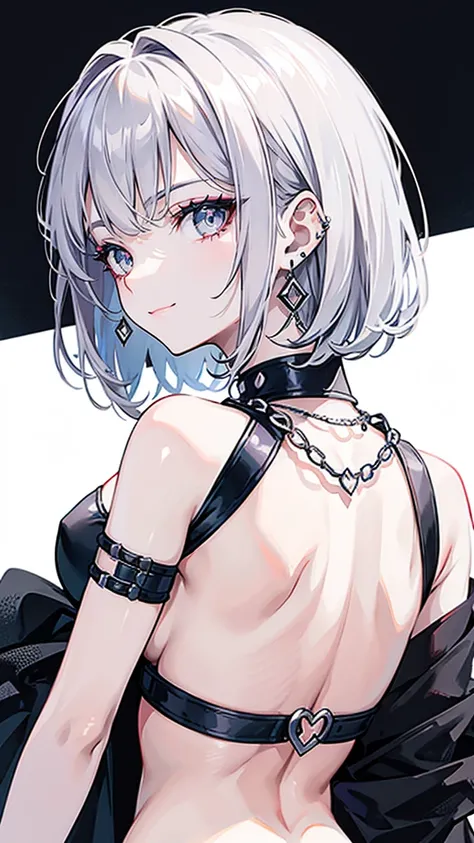 pilyeon, solo, 1girl, black nails, jewelry, short hair, looking at viewer, choker, necklace, hand on own face, piercing, white background, heart, closed mouth, grey eyes, nail polish, simple background, grey hair, ear piercing, black choker, smile, eyelash...