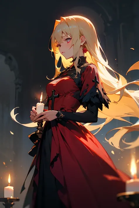 Gothic fantasy anime girl with long flowing blonde hair, adorned with roses and a dark red dress, holding a cross. The background features soft candlelight and an ethereal atmosphere, with glowing flowers and delicate lighting 