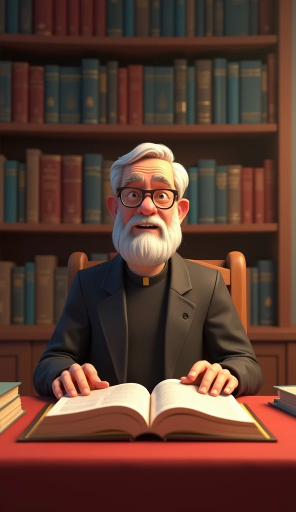 create an image in Disney Pixar style, 3D, of a pastor sitting at the table, with the Bible open on the table, with shelves in the background full of books, the middle-aged pastor with glasses and a beard, realistic image
" 