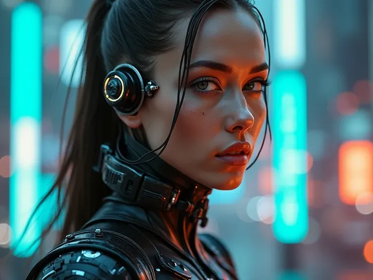 Portrait of a sci-fi cyberpunk girl. High-tech futuristic woman from the future. Generative AI Art.