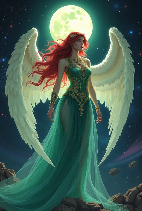 The Moon Goddess: Selene portrayed in the Celestial Guardian Chronicles embodies a protector of the stars with ethereal wings and cosmic energy. She uses swirling galaxies and astral motifs with brilliant crimson and emerald hues to highlight her otherworl...