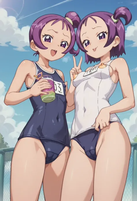  highest image quality taken by Ki、 Anatomically Accurate 、 shooting AV、 low angle  twin girls side by side、 My sister has a side ponytail on the left side ponytail on the right side 、Purple Hair、purple eyes 、 height 140cm、Breast G cup、Sexually provocative...