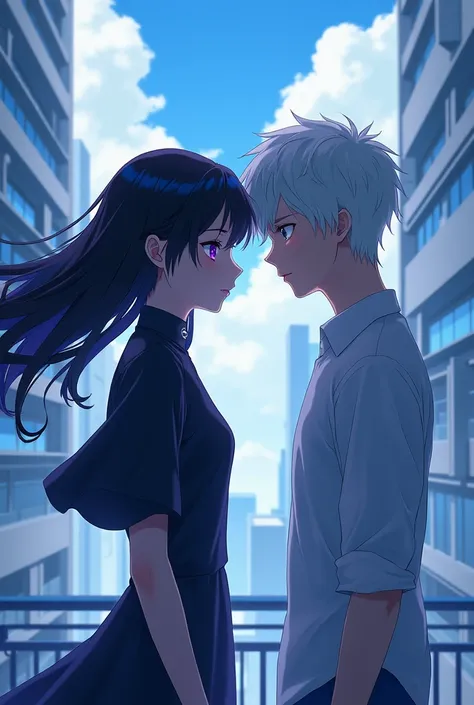 Purple-eyed girl with black hair facing a blue-eyed, white-haired boy on the roof of an anime building