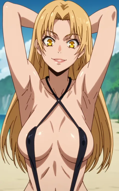 score_9, score_8_up, score_7_up, source_anime, anime screencap, 1girl,yuki tsukumo, long hair, blonde hair, yellow eyes, slingshot bikini, medium breasts, arms behind head, armpits, looking at viewer, head towards viewer, smile, badhandv4, outdoors, beach