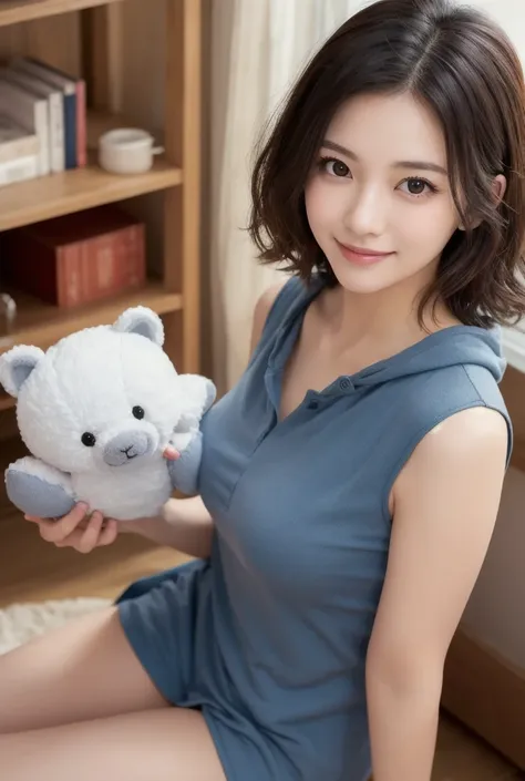  Inhaling Eyes , cute double ,  Woman Cuddling Her Favorite Stuffed Toy At Home, Room wear, small animals, Inward-curling short hair,  curly hair , Freshly washed hair , First home date, Talented , Kind personality,  woman who is very particular about the ...