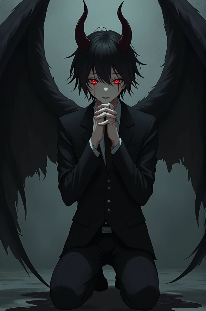  Anime Boy,  with black hair ,  with red eyes , with horns, Who wears an elegant black suit, with demon wings,  kneeling on the floor praying,  crying black tears  