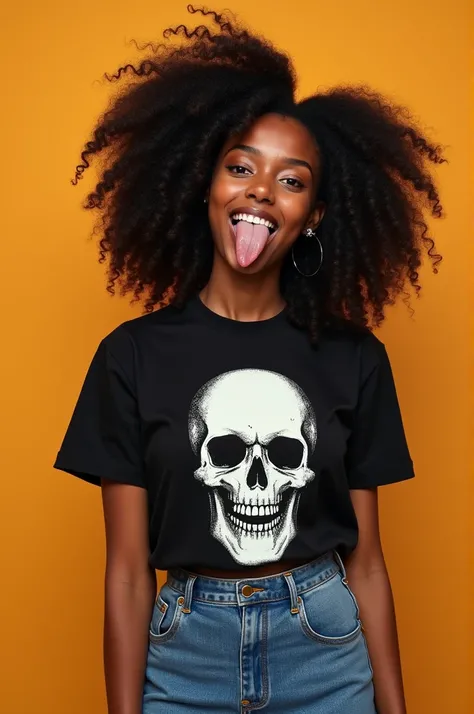 A young 18 year old black girl, curly hair, with her tongue out, wearing a black mini t-shirt with a skull and a denim mini skirt