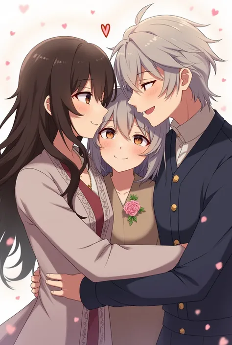 make a girl whos long dark brown hair with no bangs, dark brown eyes, and fair skinned being squished playfully being hugged by both lovingly in between Zhongli ( a character from genshin impact) and e/Tartaglia (a character from genshin impact)