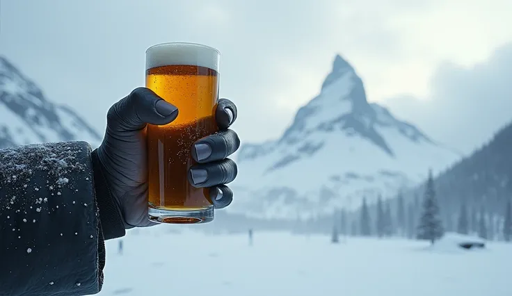 Black hand holding beer glass in the snow with mountain background 