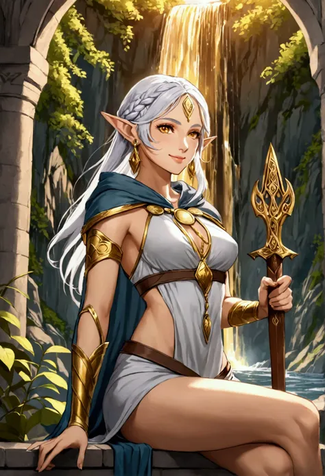 Woman elf: Golden-yellow sclerae, lined eyelashes, mole under the left eye, silver hair tied in 5-strand waterfall braid, elf ears, serene smile, slightly athletic physique, C-cup breasts, gray priestess hooded tunic with gold details, silver earrings, sil...