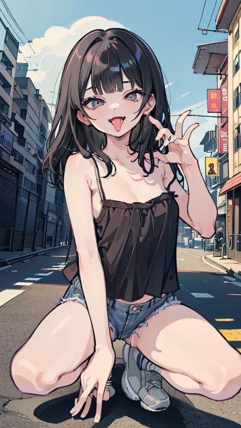 ((masterpiece、Best Quality、 very detailed))、 one girl playing pranks、Black Hair、medium hair、(( wavy hair in front of the station))、blunt bangs、Grey Eyes、evil smile、((open mouth))、((tongue licking))、 small breasts、((camisole))、denim short shorts))、thighhigh...