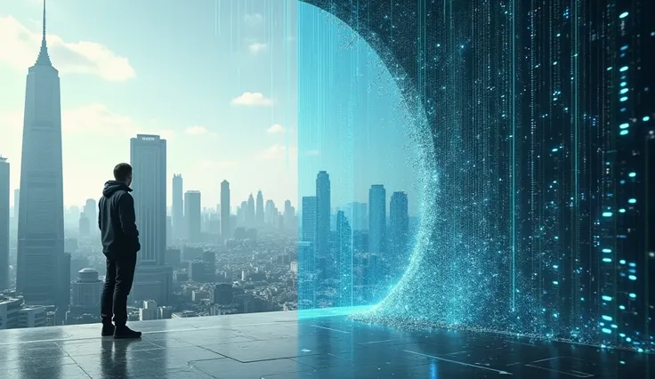 a human standing observing two realities ,  on the left side a reality of a city with large skyscrapers,  and on the right side a digital and futuristic reality , as if it were a computer program ,  programming codes , Digital computer sky