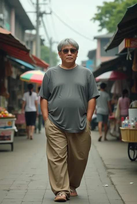 Japanese Men, 20 years old, Two Piece Straight Hair , Gray Plus Size Casual T Shirt ,3/ Beige Brown Quad Pants , toenails , Two Hands Insert Into Pants Bag ,Walk, Background of typical Indonesian shopping street, very realistic , finest details, Very natur...