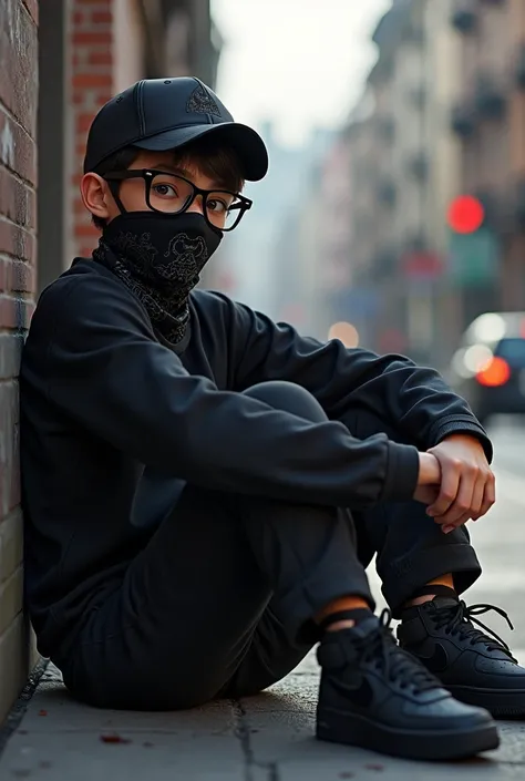 A boy  with black glasses and black cap with black bandana km face with black clothes and Nike Airforce chilling in the city 