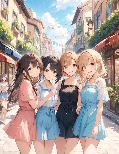 、 cute girl、strip、A happy smile、 beautiful background,  FOUR GIRLS