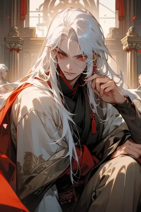 A man, Male, long white hair, red eyes, fair skin, ancient style, assassin, a detailed face, beautiful eyes