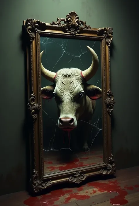 An ancient, cracked mirror in a dark room. On the other side of the reflection, a bull’s grotesque face stares back, its rotting skin sagging and hollow eyes dripping dark tears as the glass begins to bleed. (Dark surrealism style)