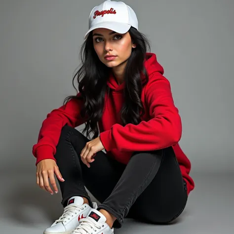 A real photo of a beautiful 22-year-old Iranian girl with long black hair wearing a white tennis cap with the word Persepolis written on it, a red textured hoodie, black six-pocket jeans, and white Nike shoes.