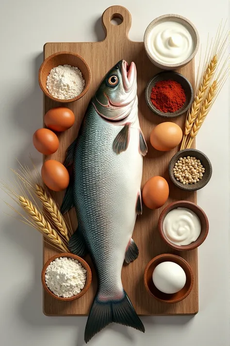 • The trout
• Egg
• Milk cream
• White pepper
• Garlic powder
• Dried oregano
• Vegetable oil
• Wheat flour
• Yellow corn flour
• Ice water
• Salt
• Bicarbonate
To draw 