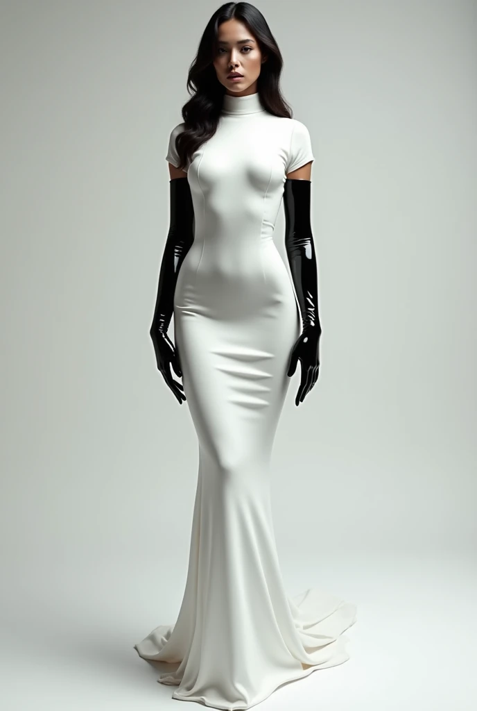 Long tight white dress with long latex black gloves