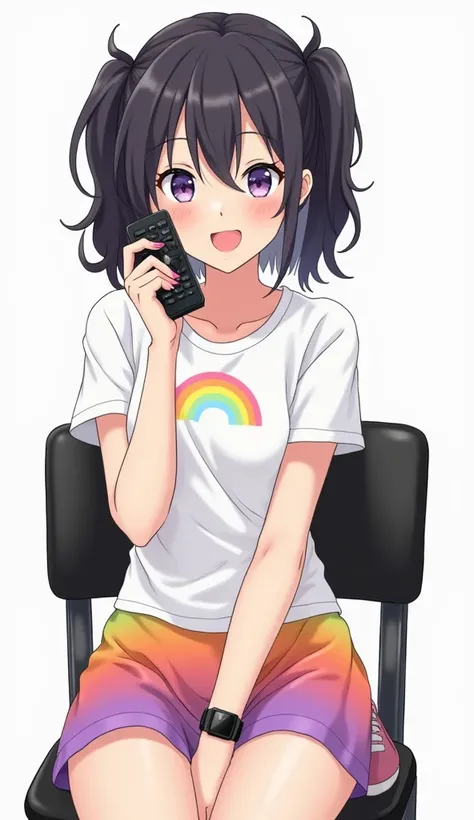 Japanese teenage anime woman with medium-short black hair, two pigtails and purple eyes and with pink nails and wearing a white t-shirt, short sleeves with a rainbow logo in the middle of her chest and with a black watch, and she wears a horizontal rainbow...