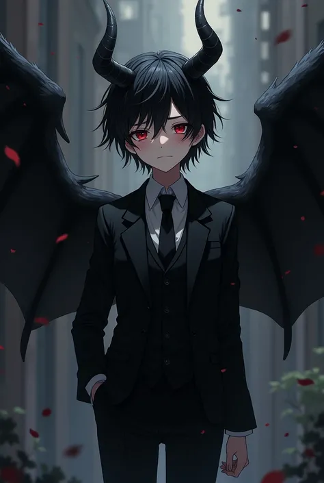  Anime Boy,  with black hair ,  with red eyes , with horns,  wearing an elegant black suit, With wings like a big black angel , flying, Crying black tears with my eyes closed, against a background of black magic  