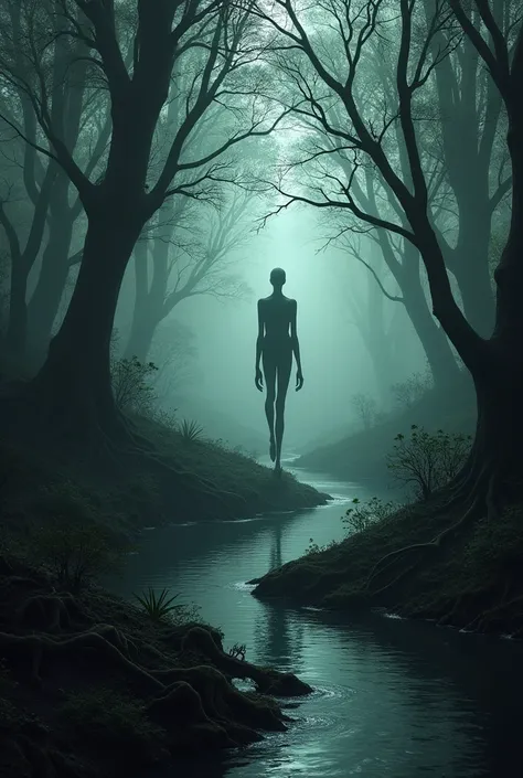 Dark forest, and a river, ominous slender figure 